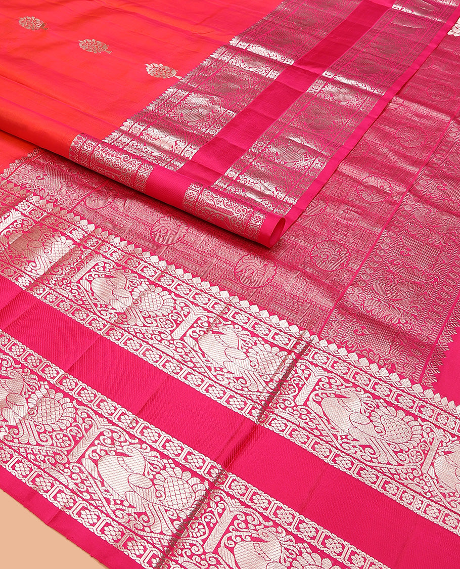 Orange buttas Venkatagiri silk saree, contrast traditional zari design rettai pettu border, and intricate pallu