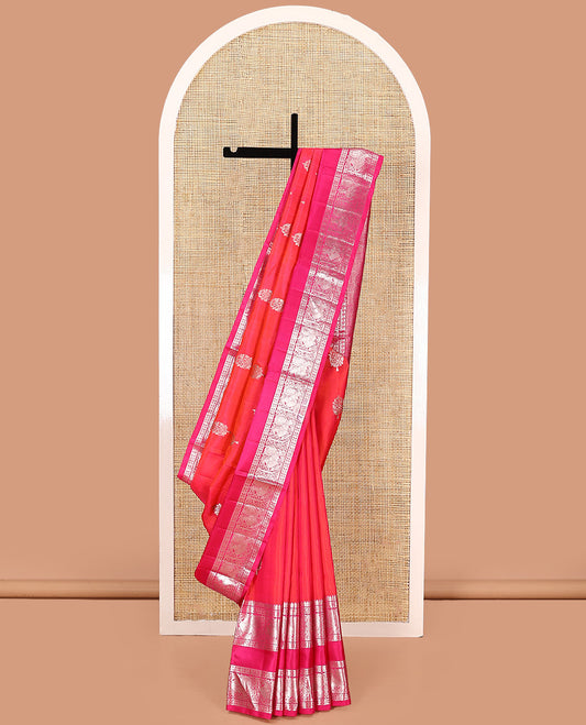 Orange buttas Venkatagiri silk saree, contrast traditional zari design rettai pettu border, and intricate pallu