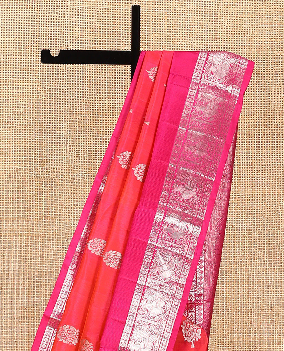 Orange buttas Venkatagiri silk saree, contrast traditional zari design rettai pettu border, and intricate pallu