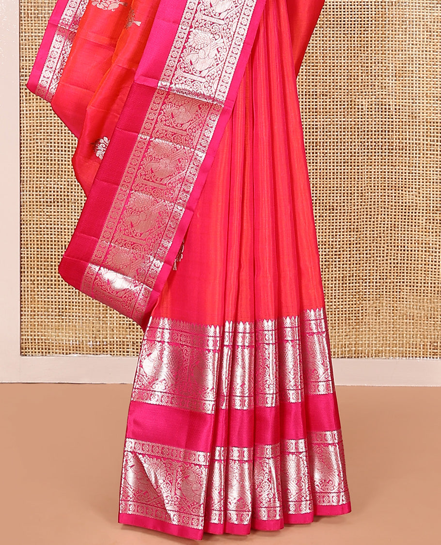 Orange buttas Venkatagiri silk saree, contrast traditional zari design rettai pettu border, and intricate pallu