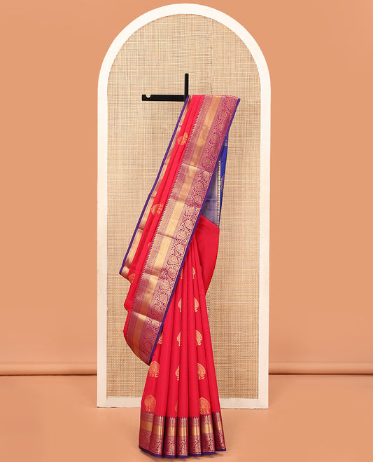 Red Vasundhara Lite Silk Mix Saree Decked Up with Zari Buttas, Complemented with a Contrast Border of Thazampoo Rekku, Banaras, Kathir, Kuyil Kann, and Kodi Visiry Designs, a Pallu Elevated with Floral Designs, and a Contrast Blouse