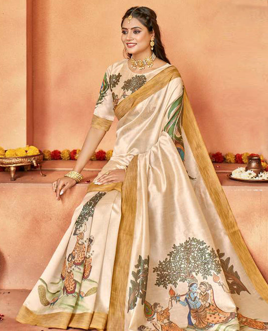 Cream designer catalog saree features peacock feather and gopis of Radha Krishna motifs, bavanji border, and pallu of Radha Krishna and gopis