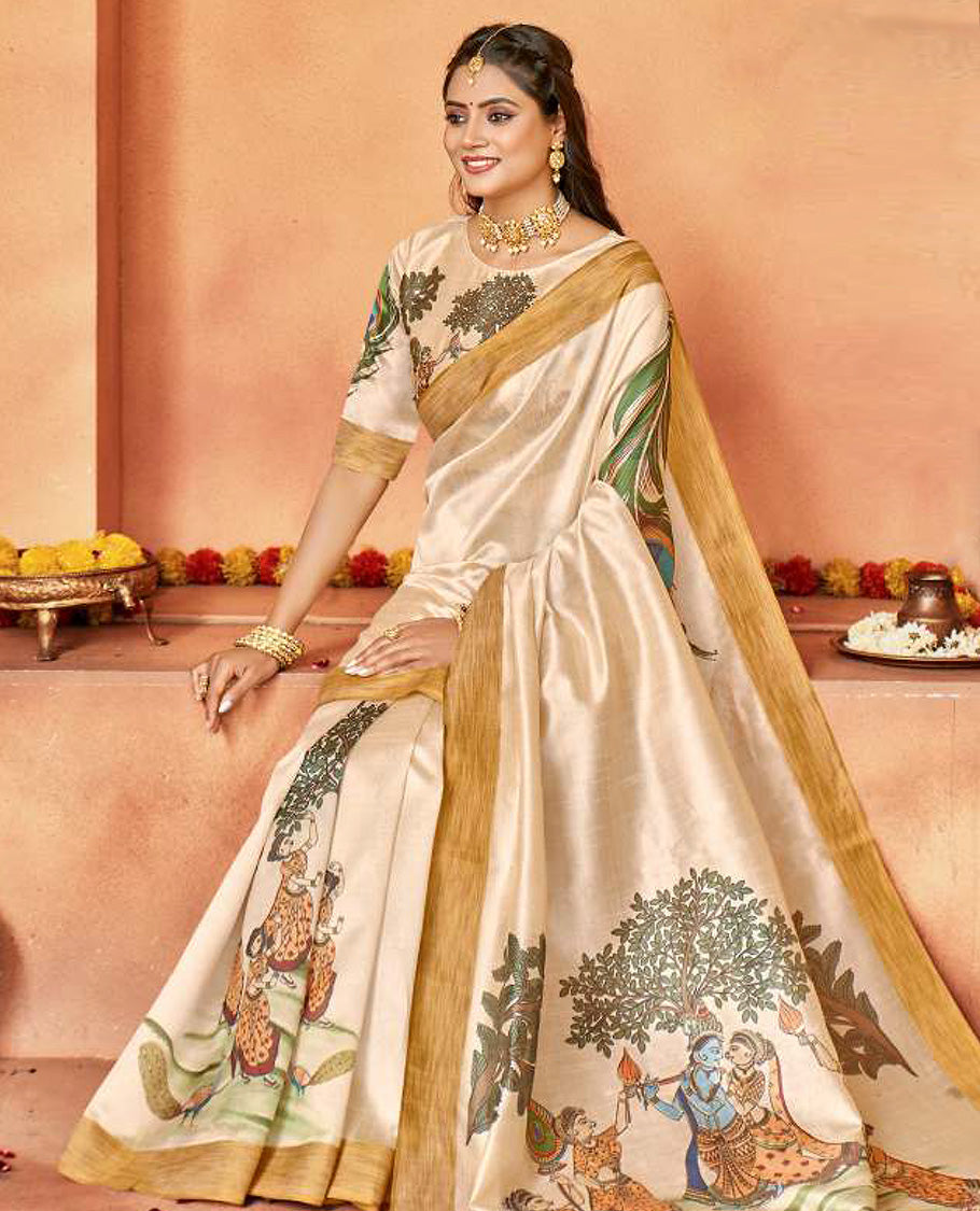 Cream designer catalog saree features peacock feather and gopis of Radha Krishna motifs, bavanji border, and pallu of Radha Krishna and gopis