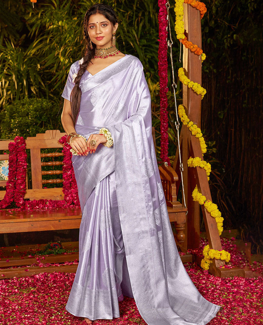 Light Grey Designer Catalog Saree, Sparsely Woven with Buttas All Over Its Body, Subtly Floral Creeper Design Border, Majestically Detailed Pallu, and Paired with a Matching Blouse