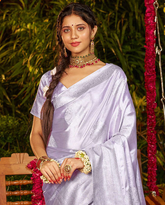 Light Grey Designer Catalog Saree, Sparsely Woven with Buttas All Over Its Body, Subtly Floral Creeper Design Border, Majestically Detailed Pallu, and Paired with a Matching Blouse