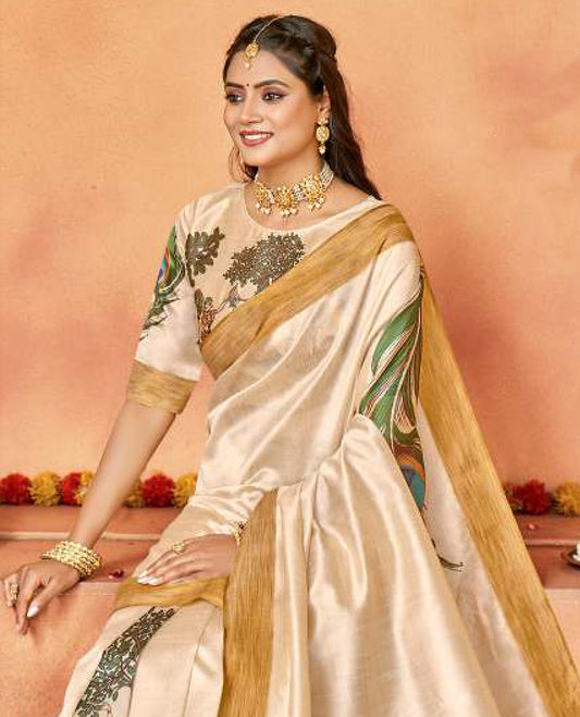 Cream designer catalog saree features peacock feather and gopis of Radha Krishna motifs, bavanji border, and pallu of Radha Krishna and gopis