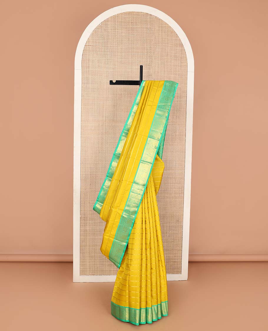 Yellow kathir stripes Kanchipuram korvai silk saree, contrast neer korvai border of thilakam mokku, kuyil kann, muthu, mayil , and yaali designs, and floral design pallu