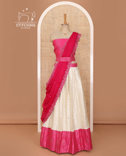 White lehenga set, buttas with contrast traditional zari border skirt, jacquard stone work blouse and scallop embroidered dhavani