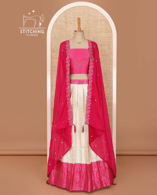 White lehenga set, buttas with contrast traditional zari border skirt, jacquard stone work blouse and scallop embroidered dhavani