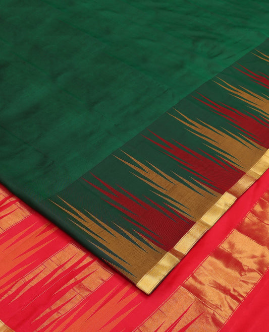 Green plain Bangalore silk saree, contrast temple zari piping border, and temple design pallu