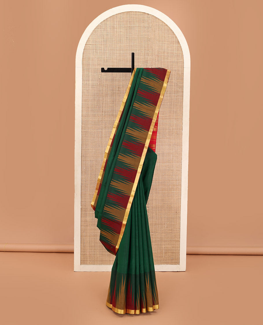 Green plain Bangalore silk saree, contrast temple zari piping border, and temple design pallu