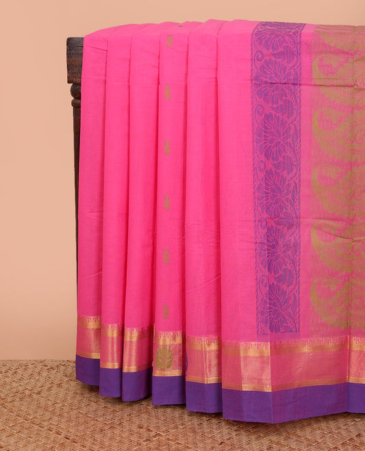 Pink thread buttas Kanchi cotton saree, contrast zari border, and pallu of floral, and paisley designs