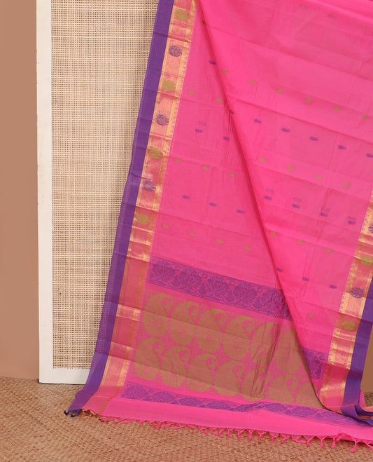 Pink thread buttas Kanchi cotton saree, contrast zari border, and pallu of floral, and paisley designs