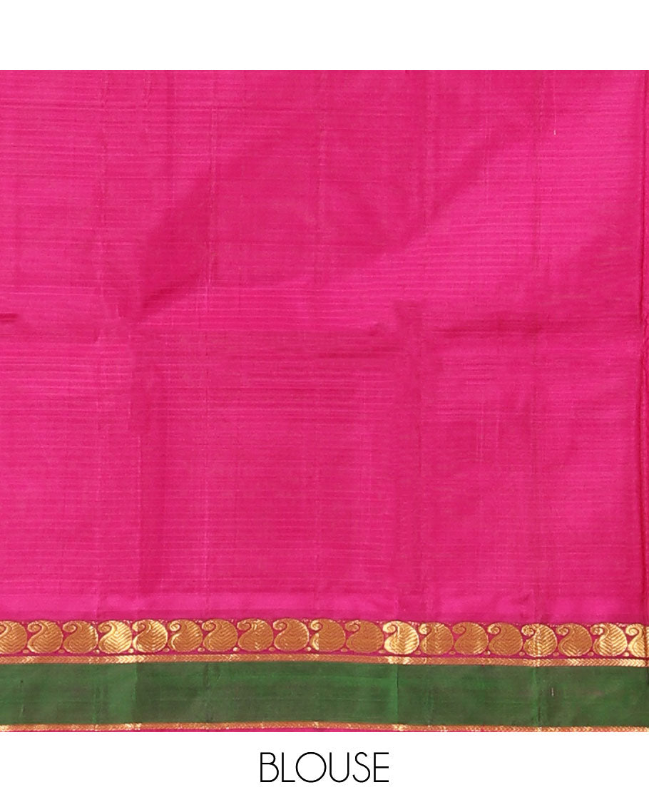 Purple striped and buttas Kanchipuram silk saree, contrast rettai pettu border of manga and kathir designs, and zari design pallu