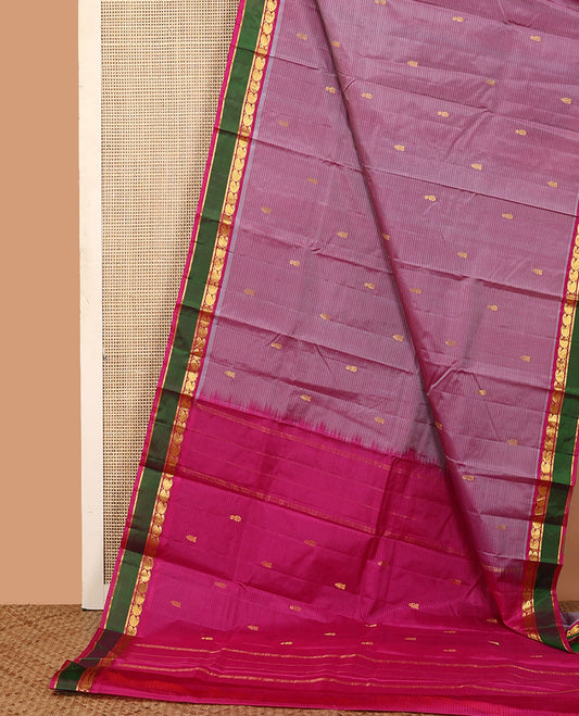 Purple striped and buttas Kanchipuram silk saree, contrast rettai pettu border of manga and kathir designs, and zari design pallu