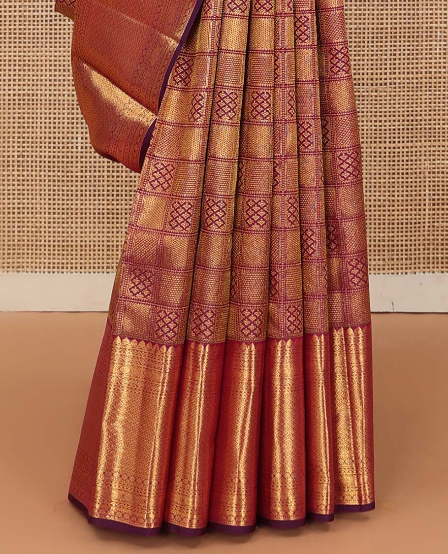 Purple jacquard wedding silk saree, zari border of thilakam mokku,neli, jadai nagam, and jaal design, and jaal pallu