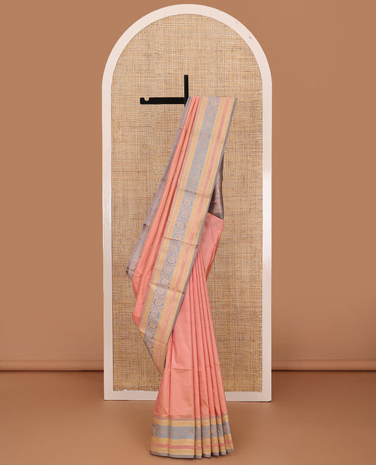 Peach zari buttas katan silk saree, contrast traditional border of floral creeper design, and floral jaal pallu