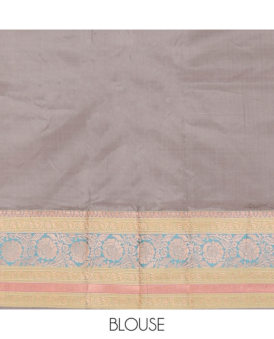 Peach zari buttas katan silk saree, contrast traditional border of floral creeper design, and floral jaal pallu