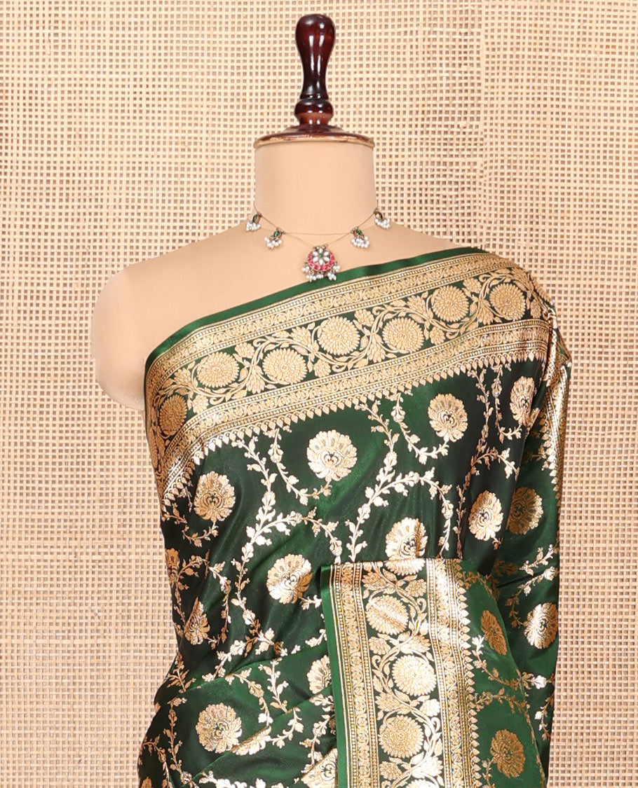 Green Banarasi Nylon Saree, Gleamed Up with Floral Jaal Jacquard, Highlighted by Traditional Zari Border, Intricate Pallu, and a Matching Blouse