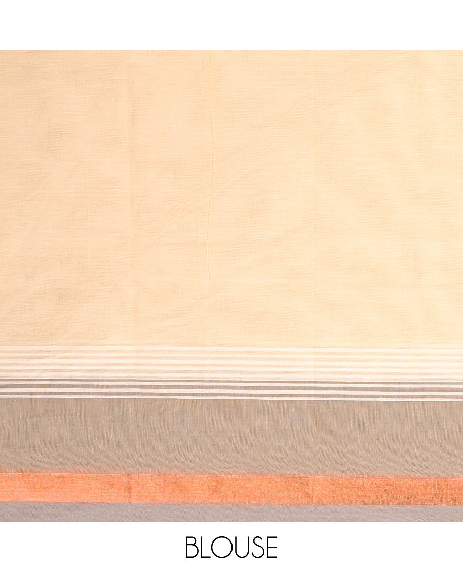 Cream polka dots buttas kanchi cotton saree, contrast zari motifs border, and pallu of jaal designs