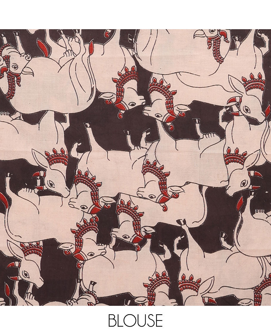 Brown sparesly striped Mangalagiri Cotton saree, plain border, plain pallu, and contrast Pichwai cow printed blouse