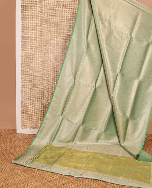 Green striped softy saree with self chevron design border & striped pallu