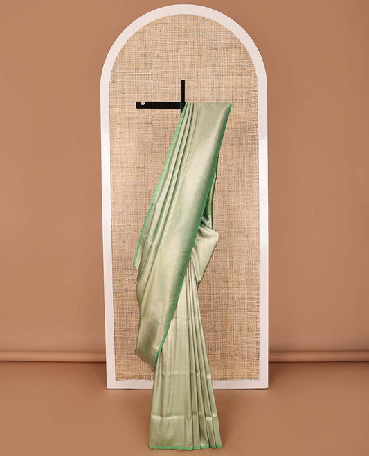 Green striped softy saree with self chevron design border & striped pallu