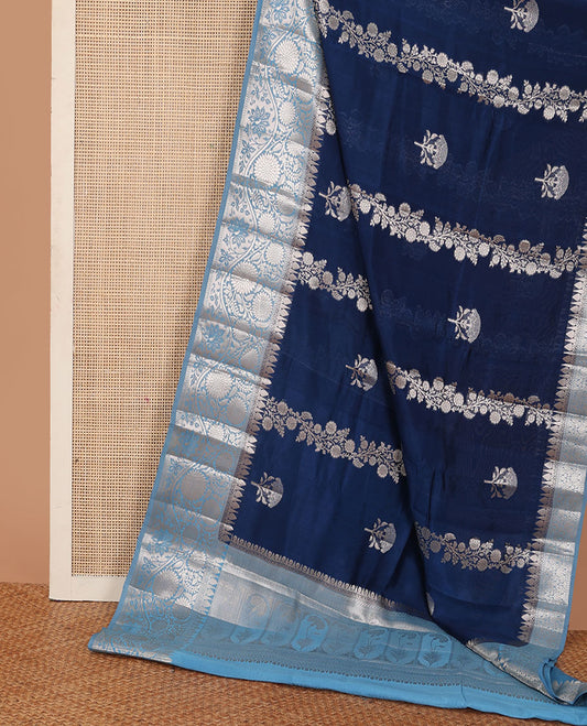 Navy blue floral buttas, and diagonal striped silk saree, contrast traditional zari border of floral creeper design & Mughal floral design pallu