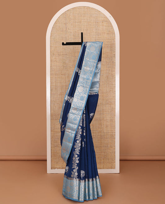 Navy blue floral buttas, and diagonal striped silk saree, contrast traditional zari border of floral creeper design & Mughal floral design pallu