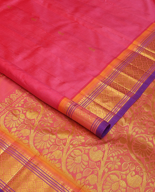 Pink zari buttas Kanchipuram silk saree, contrast one-sided border of panner sombu,banaras,muthu & jaal &  floral jaal pallu
