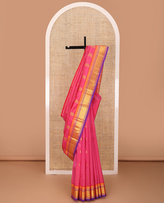 Pink zari buttas Kanchipuram silk saree, contrast one-sided border of panner sombu,banaras,muthu & jaal &  floral jaal pallu