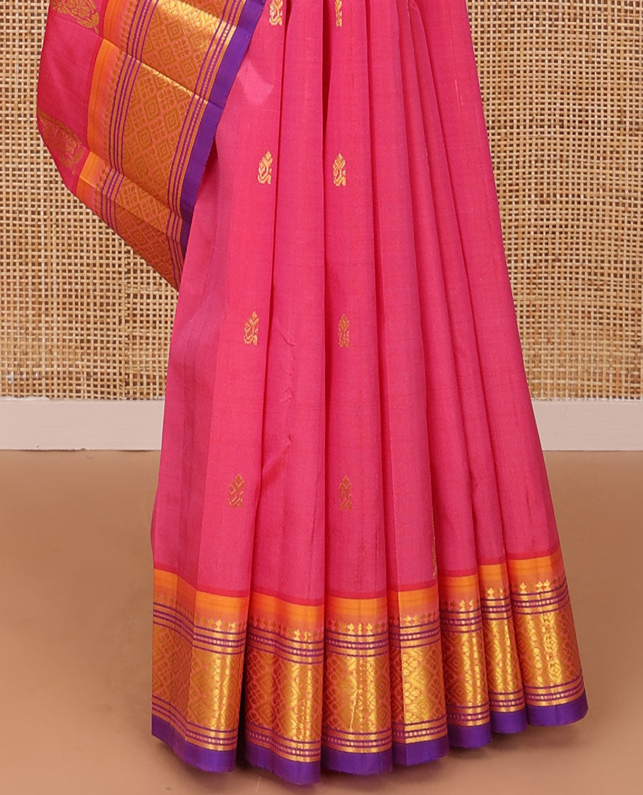Pink zari buttas Kanchipuram silk saree, contrast one-sided border of panner sombu,banaras,muthu & jaal &  floral jaal pallu