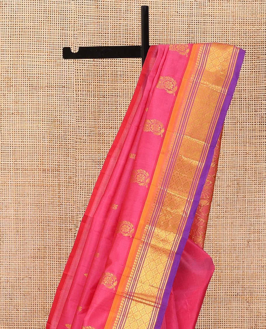 Pink zari buttas Kanchipuram silk saree, contrast one-sided border of panner sombu,banaras,muthu & jaal &  floral jaal pallu