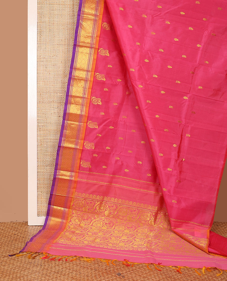 Pink zari buttas Kanchipuram silk saree, contrast one-sided border of panner sombu,banaras,muthu & jaal &  floral jaal pallu