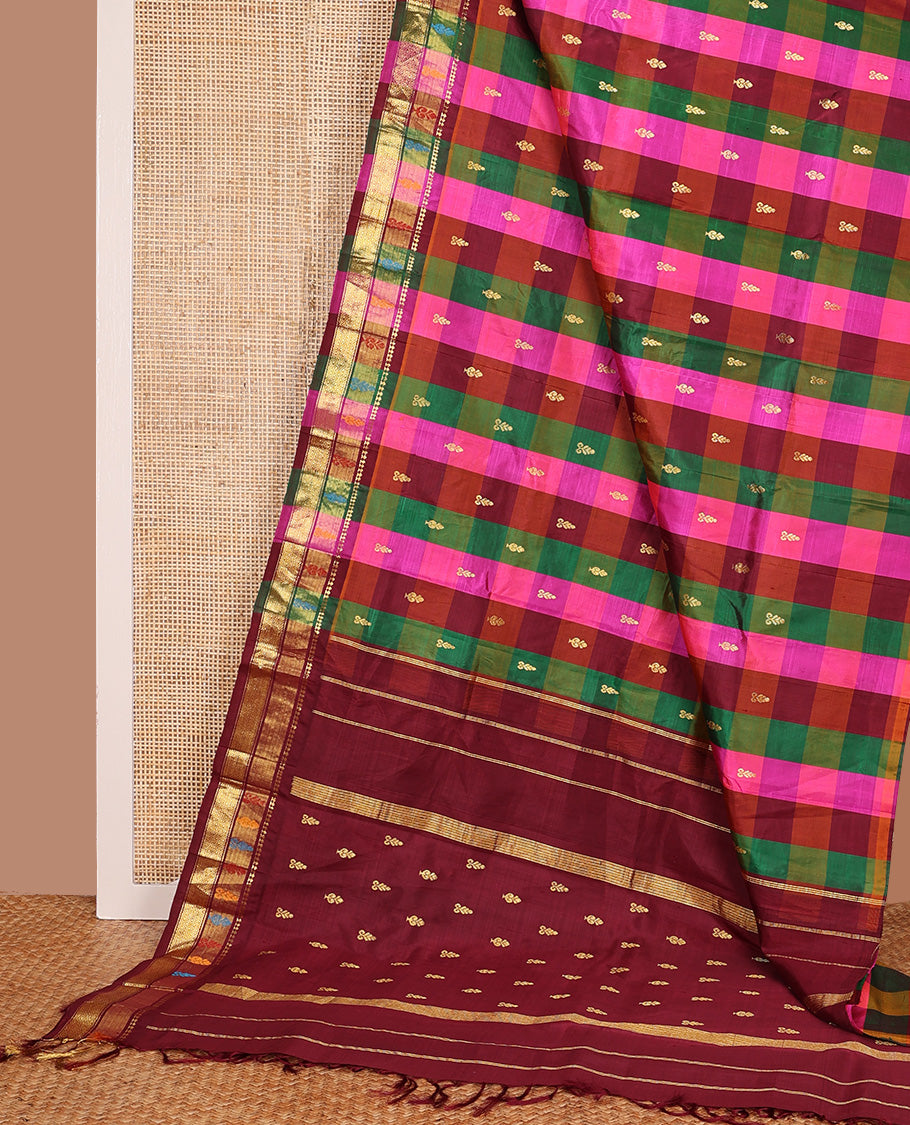 Multi-color checked with zari buttas Kanchipuram silk saree, traditional zari border, and zari design pallu