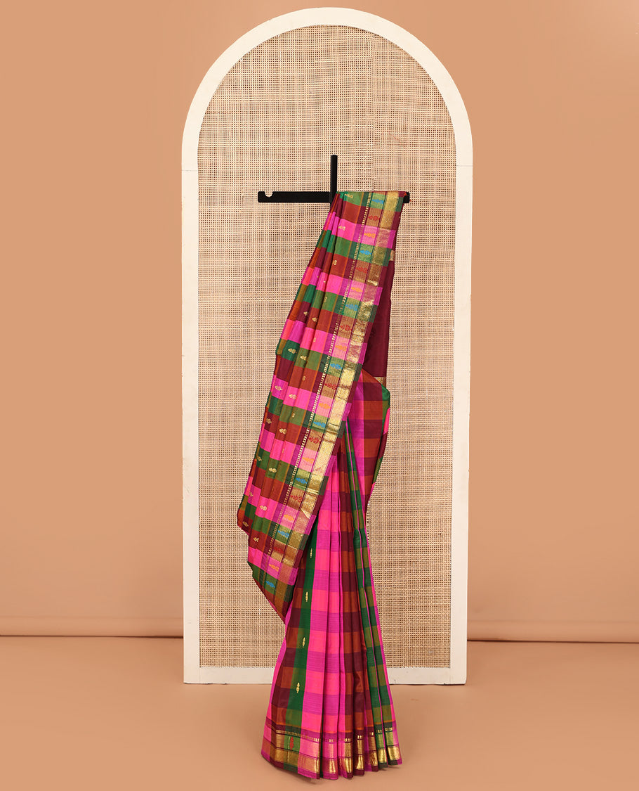 Multi-color checked with zari buttas Kanchipuram silk saree, traditional zari border, and zari design pallu