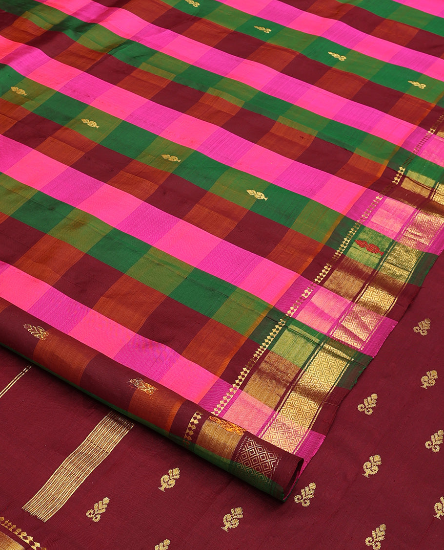 Multi-color checked with zari buttas Kanchipuram silk saree, traditional zari border, and zari design pallu
