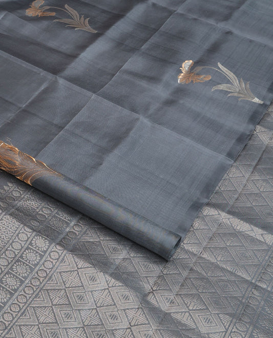 Borderless grey floral zari buttas soft silk saree, zari woven pallu of jaal design