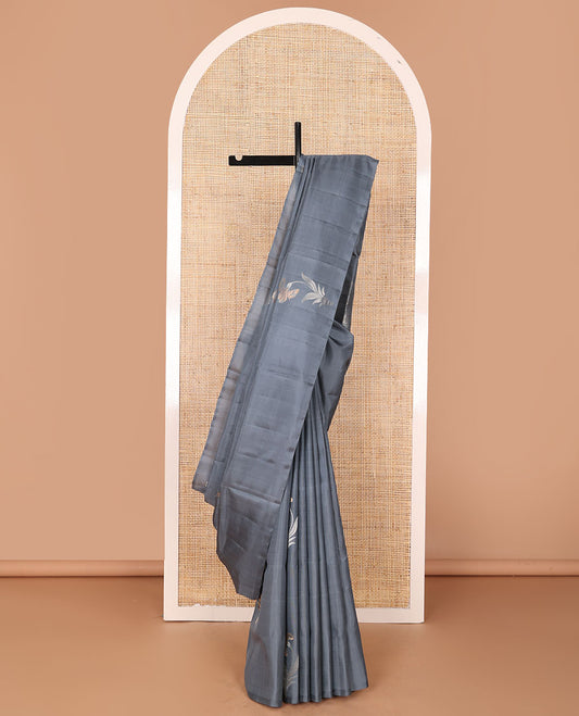 Borderless grey floral zari buttas soft silk saree, zari woven pallu of jaal design