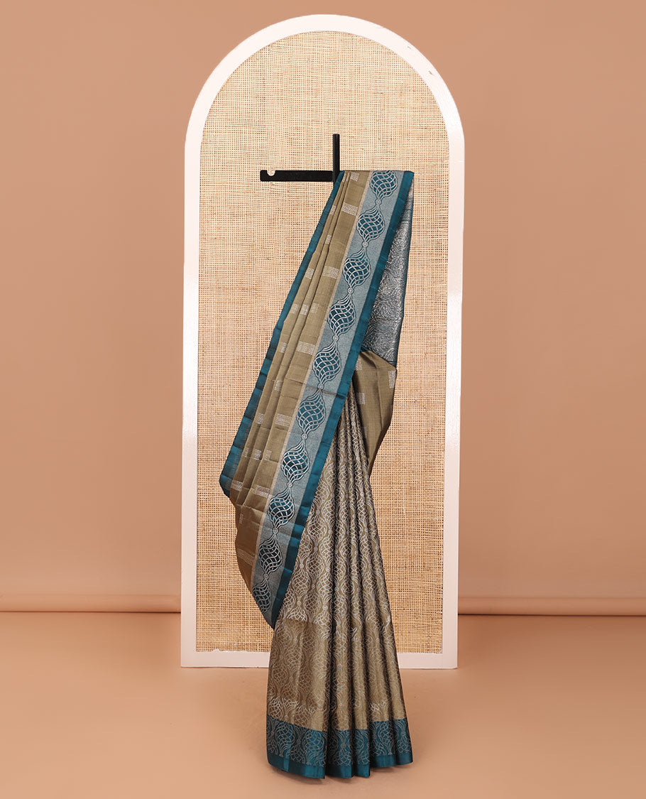 Brown geometric patterned soft silk saree, contrast border & geometric patterned pallu