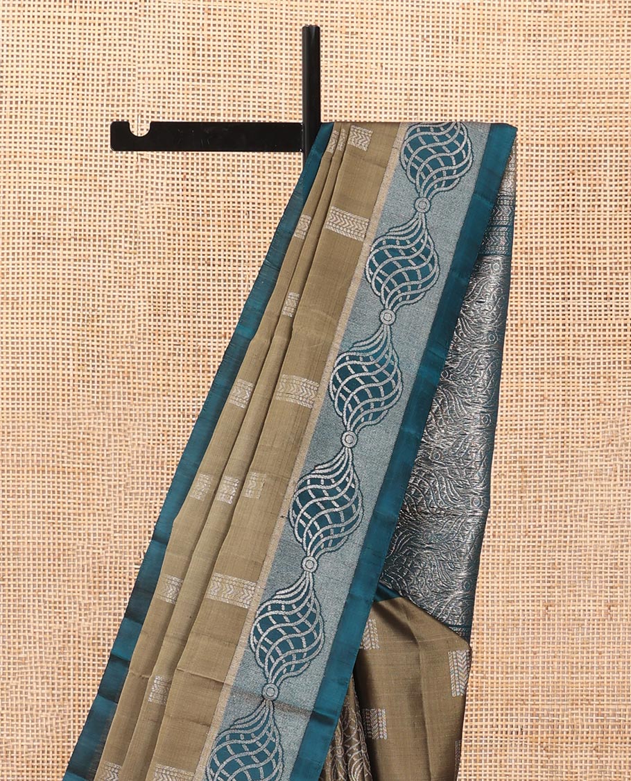 Brown geometric patterned soft silk saree, contrast border & geometric patterned pallu