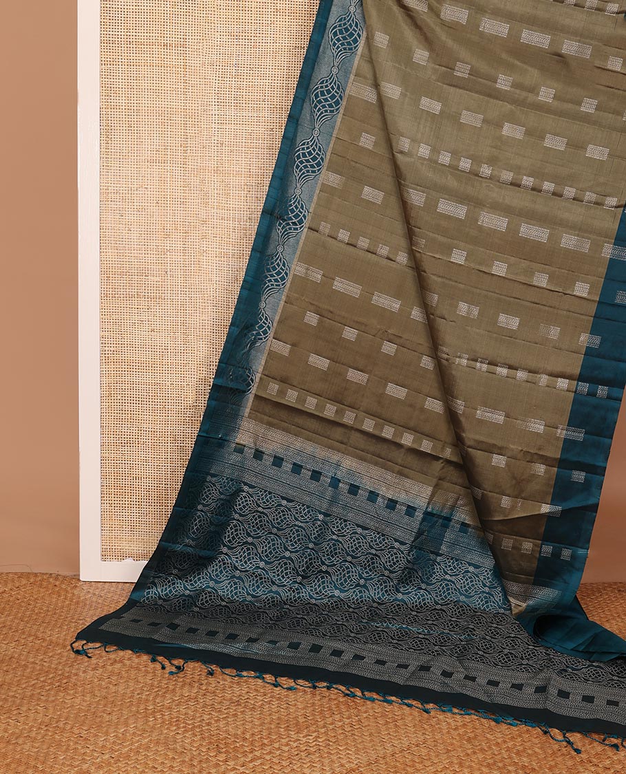 Brown geometric patterned soft silk saree, contrast border & geometric patterned pallu