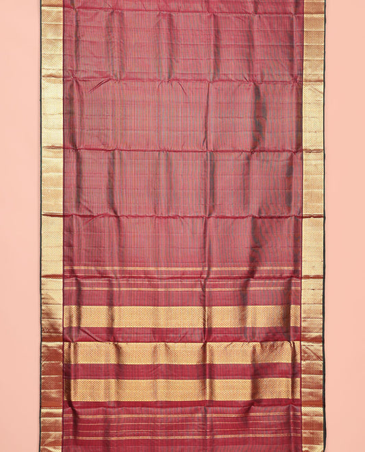 Maroon Nine-Yard Silk Saree, Mesmerized with Zari Stripes, Zari Border of Rekku, and Ara Maadam Designs, Pallu of Ara Maadam Designs, and No Blouse