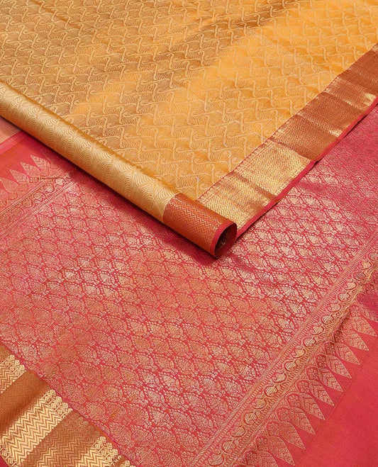 Brown jaal design silk saree with contrast border of thilakam mokku, paun, vanki design & ogee desogn pallu