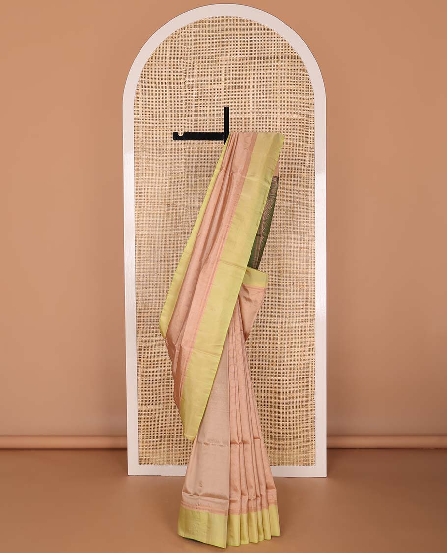 baby pink geometric design uppada saree with contrast border & floral design pallu