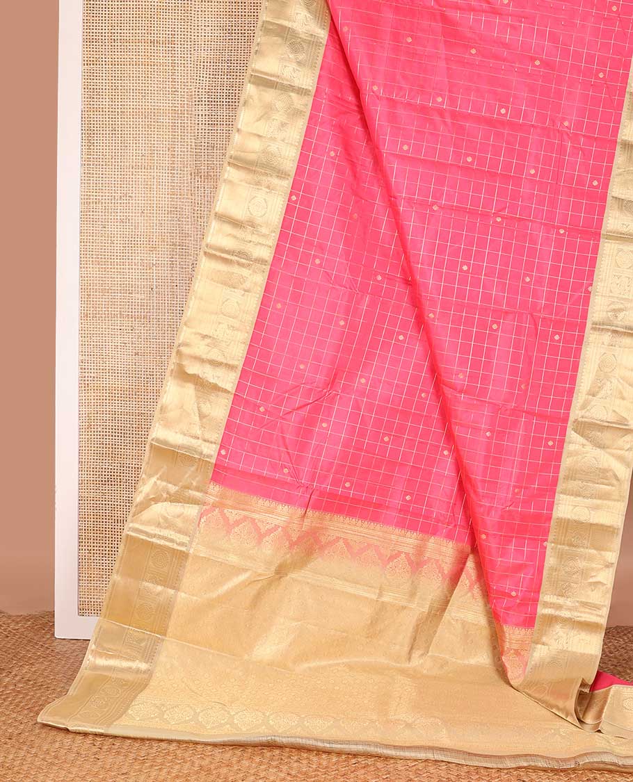 Red buttas enclosed checked silk saree, contrast border of thilakam mokku, kathir, and mayil chakram, and intricate pallu
