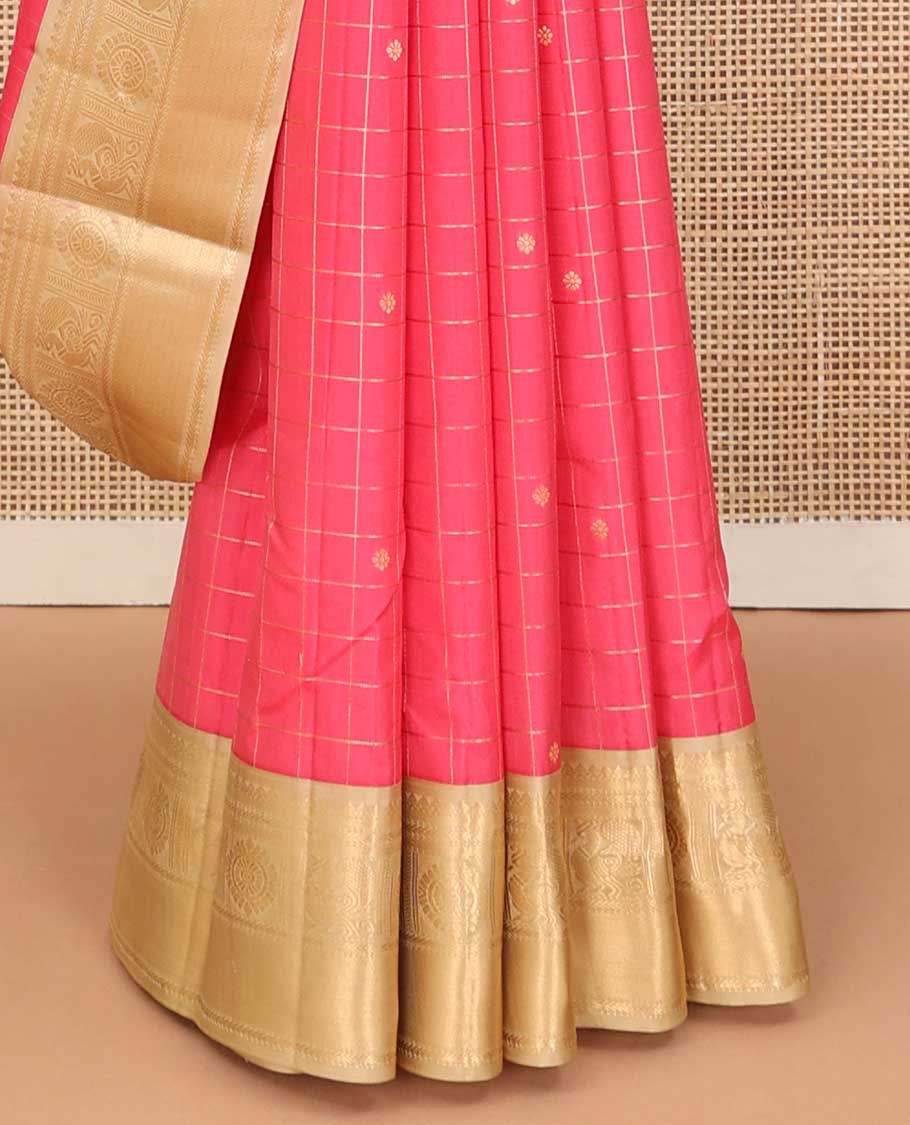 Red buttas enclosed checked silk saree, contrast border of thilakam mokku, kathir, and mayil chakram, and intricate pallu