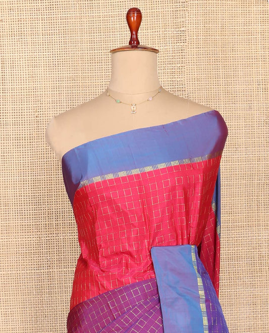 Violet and Pink Aarani Silk Saree, Graced with a Zari Checked Design on Its Body, Complemented by a Contrast Border, Pallu of Zari Stripes, and Paired with a Contrast Blouse