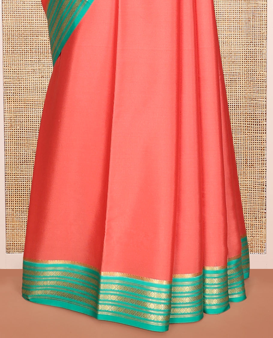 Dark Peach Plain Mysore Silk Saree, Complemented by a Contrast Traditional Zari Border, Zari Design Pallu, and a Contrast Blouse