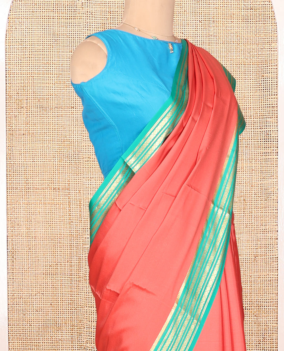 Dark Peach Plain Mysore Silk Saree, Complemented by a Contrast Traditional Zari Border, Zari Design Pallu, and a Contrast Blouse